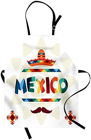 PMNADOU Mexican Apron, Mexico Traditional Aztec Motifs and Sombrero Straw Hat and Moustache Graphic Print, Unisex Kitchen Bib Apron with Adjustable Neck for Cooking Baking Gardening, Multicolor
