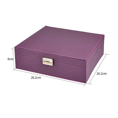 Nirong Lavie Women's Jewelry Box 2 Layer Faux Leather Square-Shaped Lockable Jewelry Storage Organizer Display Case/ Box Travel Mini Jewelry Case Gifts (Purple)