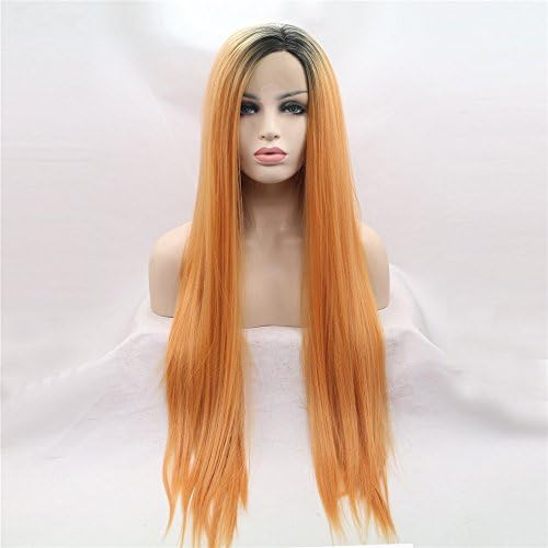 Straight Wig Long Silky Straight Orange with Dark Roots Synthetic Lace Front Wig