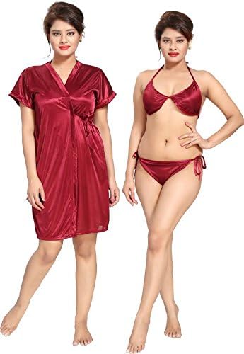 SIDWA Women's 3 Piece Satin Print Nighty with Robe (Free Size)