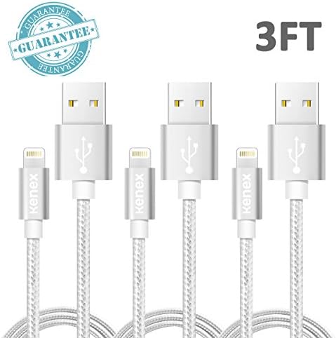 Kenex® 3 Pack 3.3ft [Silver] USB 2.0 Nylon Braided Lightning Cable USB Charging Cable Cord for iPhone 6S/6S Plus/6 Plus/6/5/5C/5S/SE, iPad Air, Mini 4, iPod 5 and iPod 7