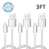 Kenex® 3 Pack 3.3ft [Silver] USB 2.0 Nylon Braided Lightning Cable USB Charging Cable Cord for iPhone 6S/6S Plus/6 Plus/6/5/5C/5S/SE, iPad Air, Mini 4, iPod 5 and iPod 7