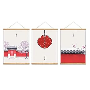 3 Panel Wooden Framed Hanging Poster Chinese Style Wall Picture Canvas Artwork for Home Decoration Ready to Hang - 18"x24"x3 Panels