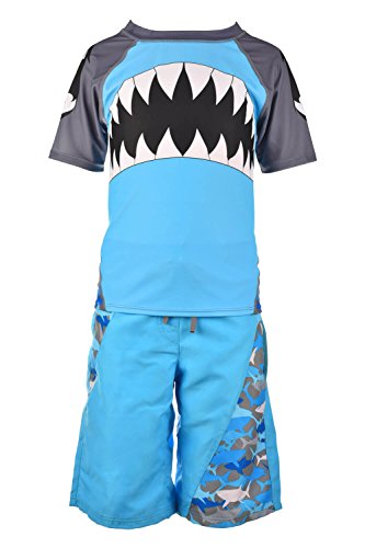 Fin Fun Boys Blue Shark Rash Guard and Board Short Swim Suit Set - Youth X-Large