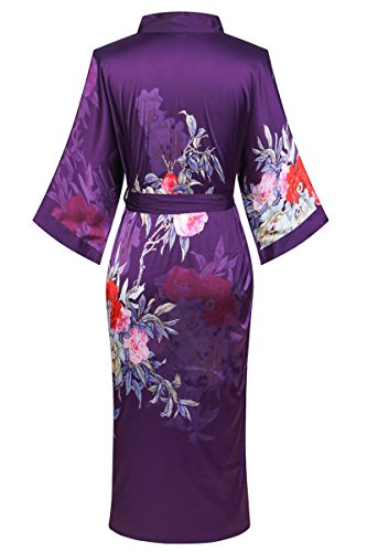 Old-to-new Women's Long Lightweight Elegant Kimono Robe Silk Bathrobe Dressing Gown with Fur- Watercolor Floral
