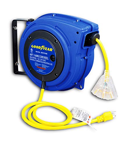Goodyear Extension Cord Reel, 40 ft, 14AWG/3C SJTOW, Triple Tap with LED Lighted Connector, Heavy Duty