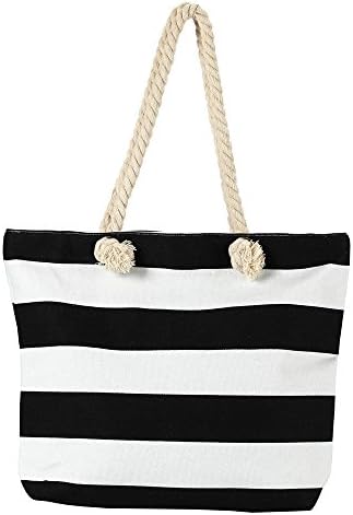 Beach Bag for Women, Sturdy and Roomy Shoulder Tote, Large, Stripe - Black