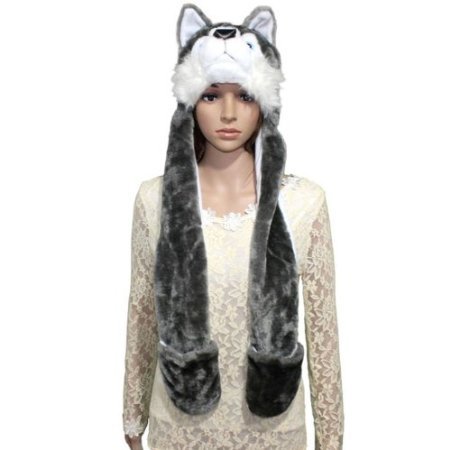 Plush Wolf Animal Winter Hat with Ear Flaps and Hand Pockets (One Size Fits All)