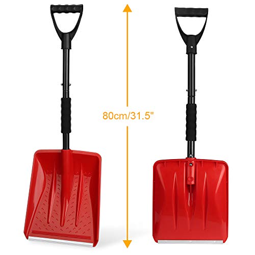 IPSXP Snow Shovel,Detachable Plastic Snow Shovel with Stainless Steel Pole and Aluminum Edged Wide Blade Shovel, Perfect for Car Driveway, Camping and Outdoor Emergency (Red) - Thumbnail 2