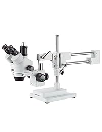Microscopio profesional trinocular con zoom con enfoque Control, WH10x Oculares simultánea estéreo, 3,5 x  90 X Zoom de ampliación, 0,7 x  4.5 X lente, iluminación ambiental. Soporte de doble brazo, incluye 0,5 x y 2,0 x lente Barlow AmScope sm 4TPZ