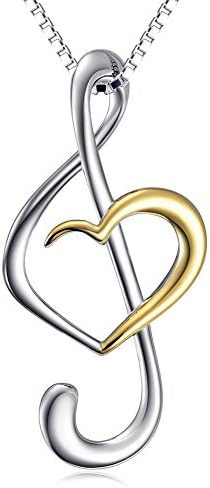 925 Sterling Silver Love Heart Musical Note Pendant Necklace, Box Chain 18"