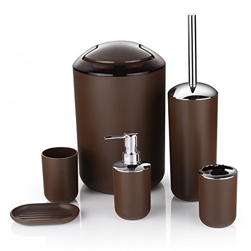 Zuvo 6 Pcs Plastic Bathroom Accessory Set Luxury Bath Accessories Bath Set Lotion Bottles, Toothbrush Holder, Tooth Mug, Soap Dish, Toilet Brush, Trash Can, Rubbish Bin (Brown) - Thumbnail 7