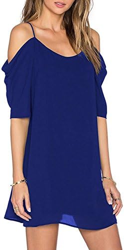 SEENSUN Women's Chiffon Cold Shoulder Casual Dress Trumpet Sleeve Spaghetti Strap Dress Top Blue L