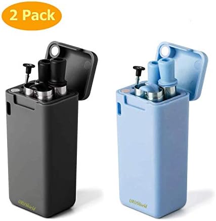 2-Pack Collapsible Reusable Straw, Stainless Steel Foldable Drinking Straws, Food-Grade Silicone Portable Straw with Hard Case, Cleaning Brush for Travel, Outdoor, Household, etc.(Black&Blue)