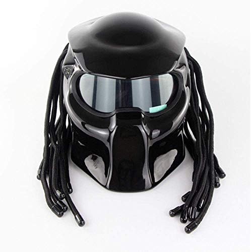 ZHYY Motorcycle Helmet Jagged Warrior Predator Full Face Helmets D.O.T Certified Locomotive Harley Retro with Hair Braid and LED Light,BrightBlack,L59~60CM