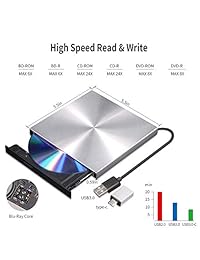 Blu Ray External Writer Reader 3D, USB C & 3.0 Burner Slim Optical Portable Blu-ray CD DVD Drive RW for Laptop Desktop MacBook OS Windows 7 8 10 PC iMac Laptop (Silver)