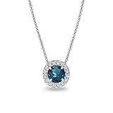 Sterling Silver Genuine or Simulated Gemstone & White Topaz Round Halo Slide Necklace