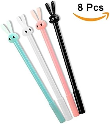TENCHOE Cute Rabbit Ink Gel Pens Kawaii Stationery Creative Gifts Office School Supplies 0.5mm Needle Tip Black Ink Gel Pens with Cap Novelty Children's Present 8 PCS Random Color
