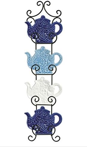 Blue &amp; White Teapot Shaped Tea Bag Holder Scroll Rack Kitchen Wall Decor