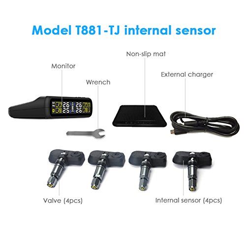 Catinbow TPMS Tire Pressure Monitoring System, Solar Power Tire Pressure Gauge with 4 Internal Sensors Automotive Wireless Connection Real-Time Tire Pressure Monitor for Vehicle (Black)
