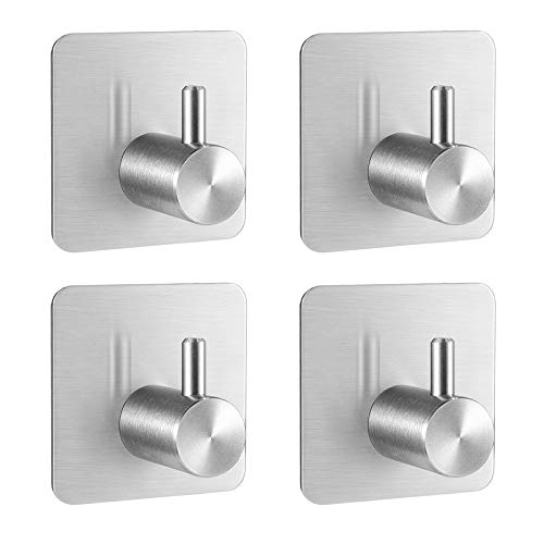 FULGENTE Stainless Steel Adhesive Towel Hooks, 3M Damage Free Stick On Bathroom Kitchen Waterproof Wall Hooks for Hanging Heavy Duty, 4 Pack