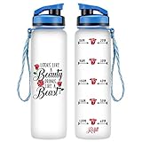 LEADO 32oz 1Liter Motivational Tracking Water Bottle with Time Marker - Look Like A Beauty Drink Like A Beast - Funny Best Friend Birthday Gifts - Disney Gifts for Women - 21st Birthday Gift for Her
