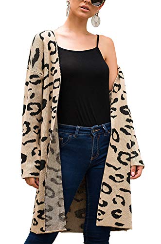 BTFBM Women Sweater Cardigans - Fashion Irregular Leopard Print Open Front Long Sleeve Warm Knit Loose Fit Outwear Coat (Khaki, Small)
