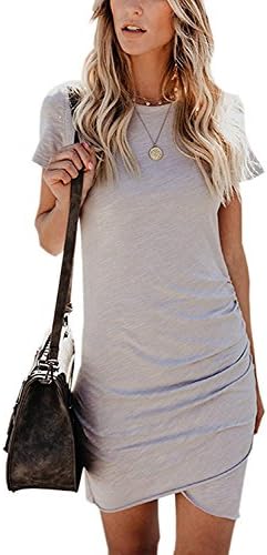 Gyozelem Women Dresses Summer Casual Ruched Short Sleeve Asymmetrical Bodycon Mini Dress