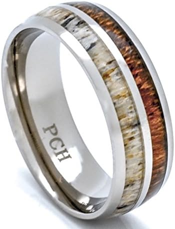 PCH Jewelers Deer Antler and Koa Wood Ring Titanium Mens Wedding Band Comfort Fit