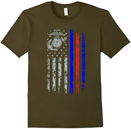 Men's Marine America Flag Blue Red line - Cool Marine T shirt Medium Olive