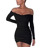 Chemenwin Women's Off-the-Shoulder Solid Long-Sleeve Short Fitted Dress, Black, Medium