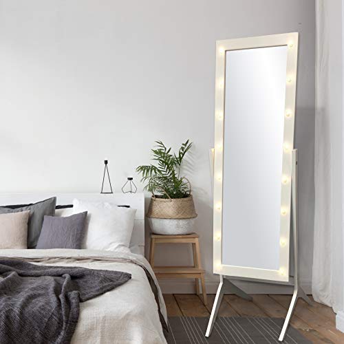 Ehomeproducts White Finish Led Lights Wooden Cheval Bedroom Floor Mirror Stand Hollywood Style Makeup Mirror