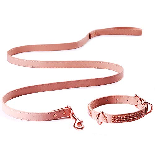YIHATA Dog Leash and Collar Set Luxury Leather Running Dogs and Leashes and Collars Sets, Adjustable Collar with Matching Leash Zinc Alloy Clasp, Idea for Small Medium Dogs, Pets(Pink)