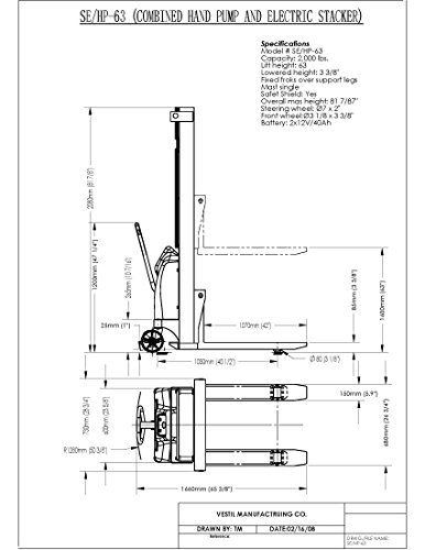 Vestil SE/HP-63 Hand Pump Powered Stacker, 63" Maximum Height, Yellow