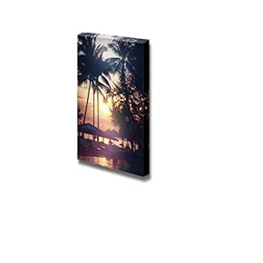 Canvas Prints Wall Art - Tropical Beach View. Palm Trees and Sunset Sky. Recreation Area with Sun Umbrellas. - 12" x 18"