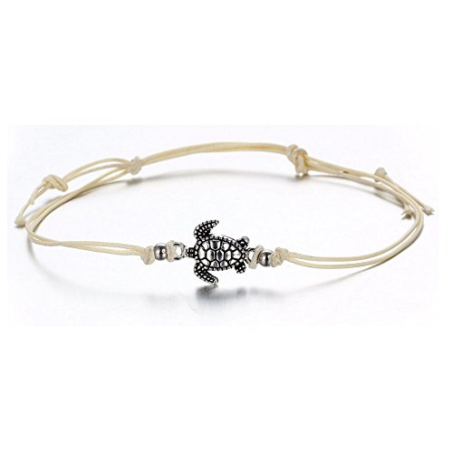 Auch Turtle Anklets for Women, Set of 3 Vintage Turtle Waxrope Anklets, Blue Black Beige