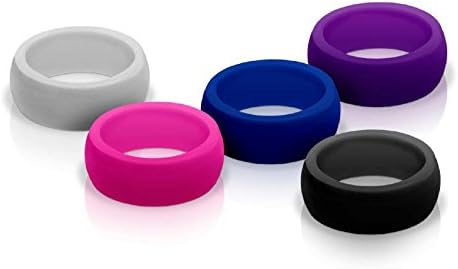 Silicone Wedding Rings - 5 Ring Pack Silicone Wedding Ring for Women, Band - Purple, Pink, Blue, Black and Light Gray - For Active Lifestyle, Active Women, Athletes (8)