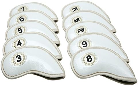 (Pack of 10 Pcs) MAXZOLA PU Leather Golf Iron Head Covers,Velcro,New Design for All Brands,Waterproof PU Leather and Fashion Design (White)