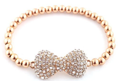 2 Pieces of Goldtone with Clear Iced Out 3D Bow Bracelet with Metal Beaded Disco Balls Shamballah (S-1155)