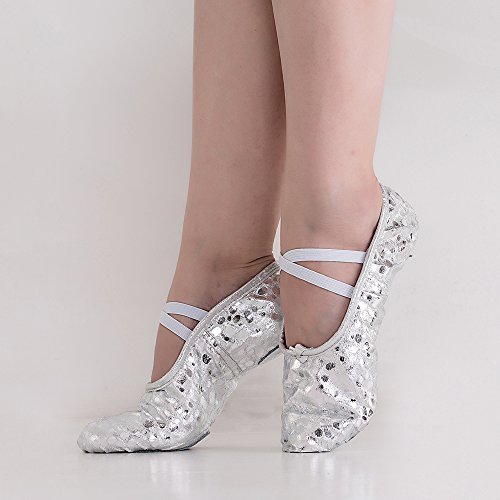 Women's Bright PU Leather Ballet Belly Slippers Ballroom Dance Shoes with Suede Split-Sole(8, Silver/dot)