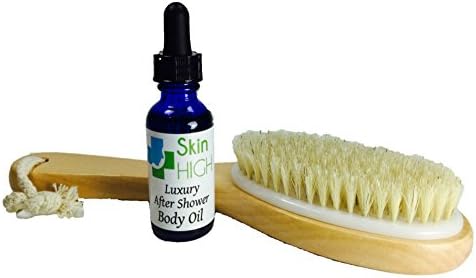 Dry Skin Brush and After Shower Body Oil Combo for Beautiful, Best Skin & Body - Helps Cellulite Reduction & Dead Skin Removal - Natural Bristles - Polished Wood Finish Makes Great Gifts For Women