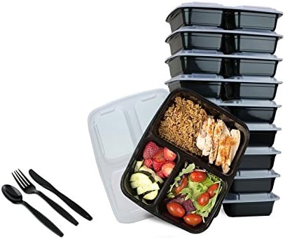 Portable Meal Prep Containers 3 Compartment Food Storage Organizer Bowls with Lids and Cutlery - 12 pack BPA Free Stackable Portion Control Containers