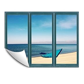 Wall Murals for Bedroom Fake Window Beach Blue Window Removable Wallpaper Peel and Stick Wall Stickers - 24x32 inches