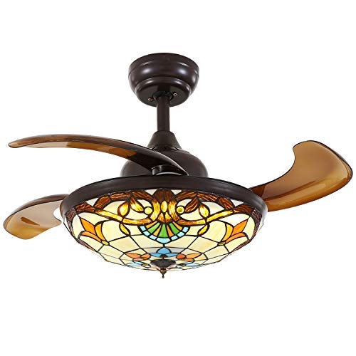 Tiffany Style Ceiling Fans with Lights and Retractable Blades Dark Brown Invisible Fan Chandelier Dimmable Fandelier LED Lighting Stepless Adjustable (Warm/Daylight/Cool White) 36 INCH