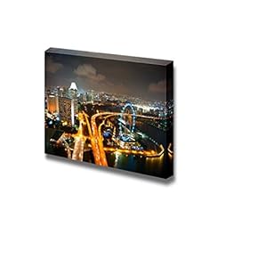 Beautiful Scenery Landscape Aerial View of Singapore at Night with Singapore Flyer in The Right Corner - Canvas Art Wall Art - 12" x 18"