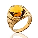 MASOP Stainless Steel Rings Gold Color Men's Cocktail Brown Light Topaz Color Yellor Stone Ring Size 12