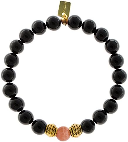 EvaDane Natural Black Onyx Gemstone Tibetan Bead Red Moonstone Center Stone Stretch Bracelet - Size 9 Inch ( 1_ONY_G_T_S-RMS_9)