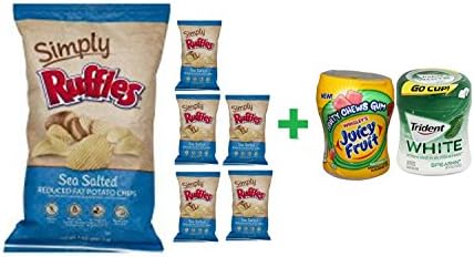 Simply Ruffles Potato Chips Reduced Fat Sea Salted - 8 Oz ( 6 PACK )+ Fruity Chews Gum Watermelon 1/60 Count + Trident Go Cup Spearmint 1/60 Count (BUNDLE)