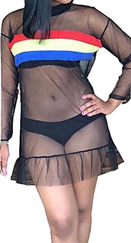 Etecredpow Women Mesh Casual Transparent Long Sleeve Pure Colour Clubwear Beach Dress
