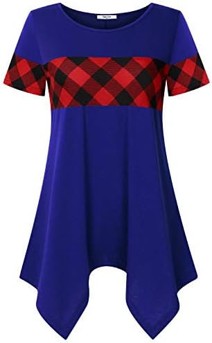 Diphi LiLi Women's Short Sleeve Asymmetrical Hem Plaid Flowy Tunic Top